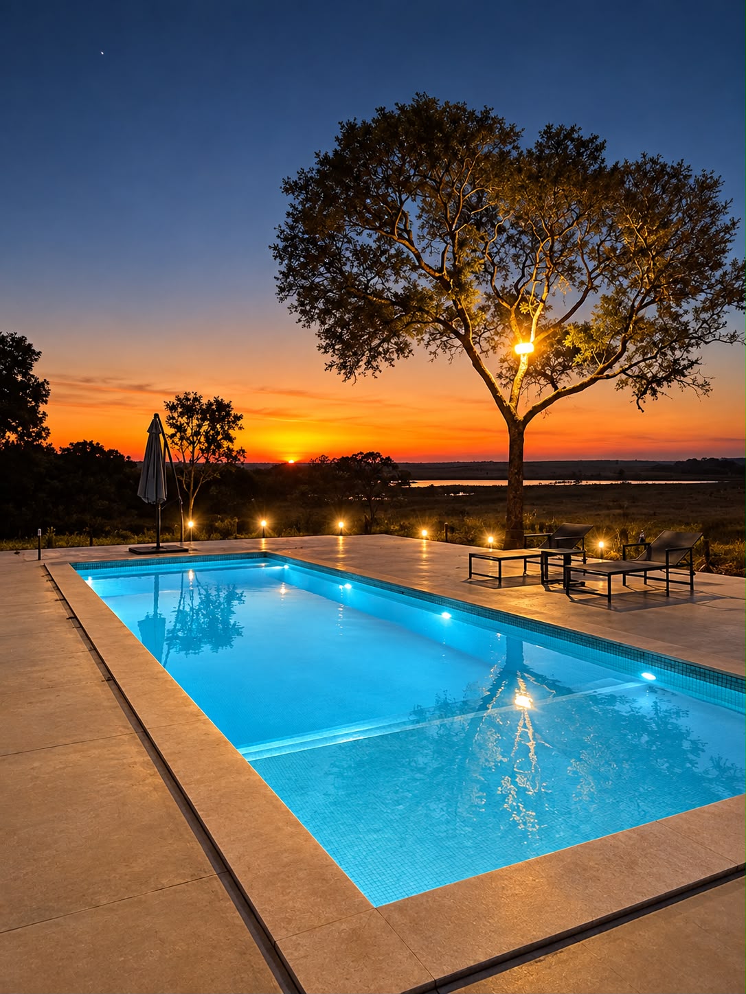 Piscina iluminada ao entardecer, com a árvore acesa e o céu colorido