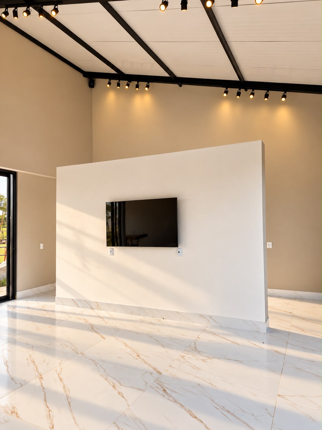 Sala com TV em painel suspenso, piso de mármore e luz do fim de tarde