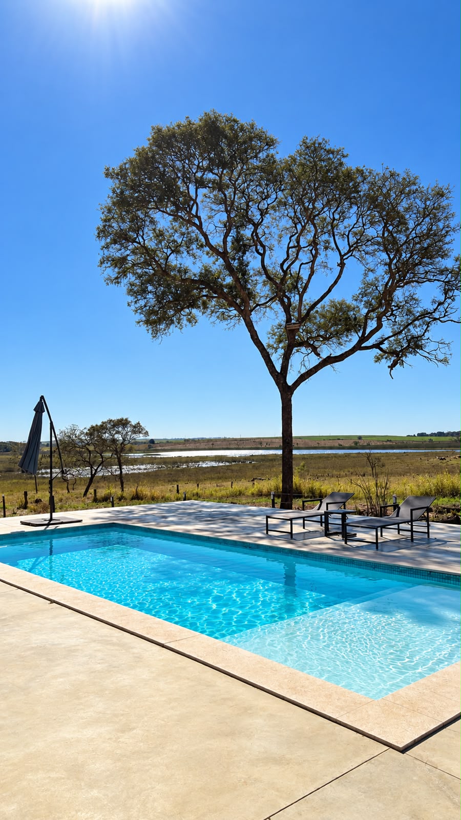 Piscina com deck claro, árvore frondosa e vista para o lago