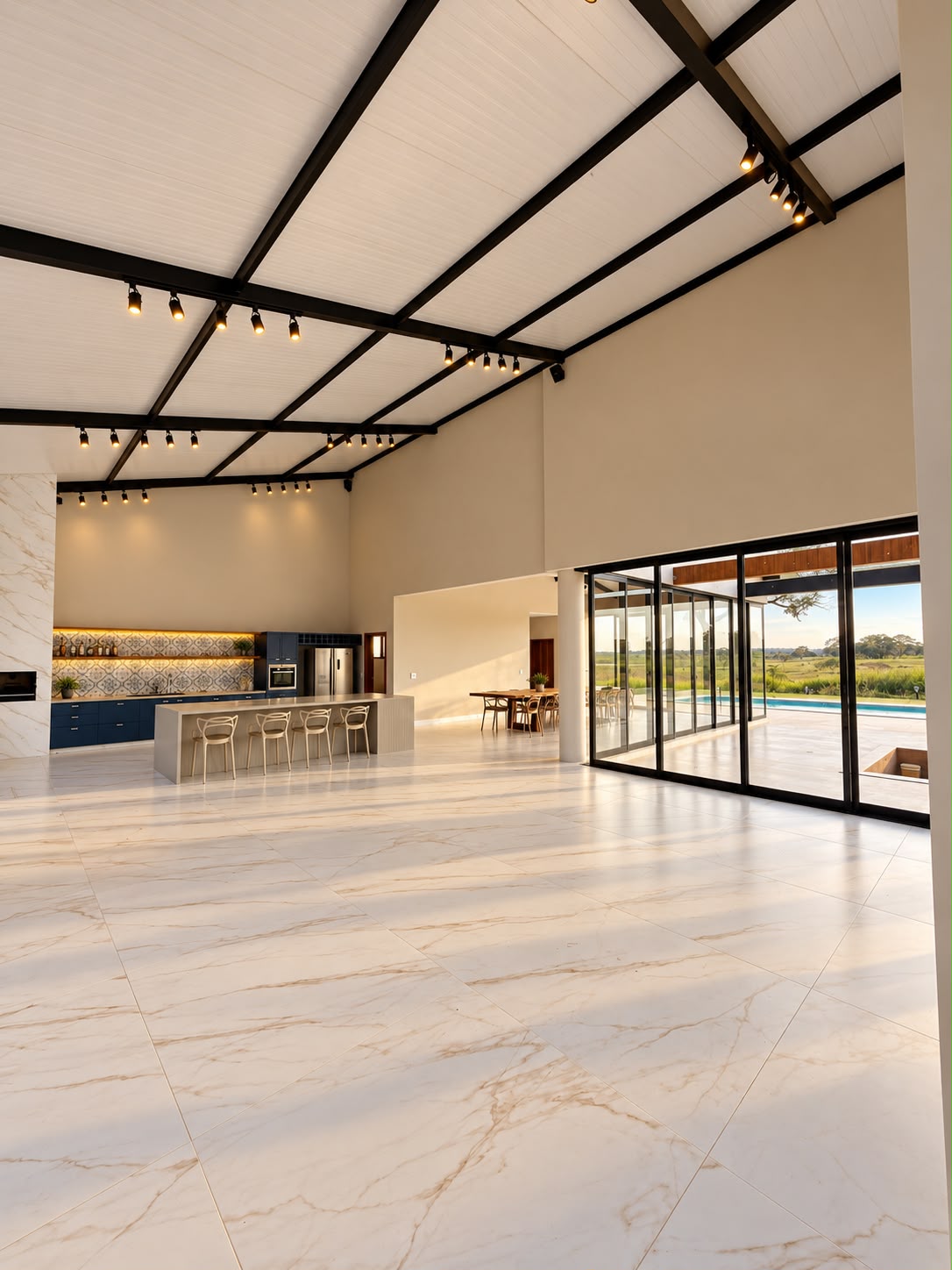Área de lazer integrada com cozinha, sala de jantar e pé-direito alto