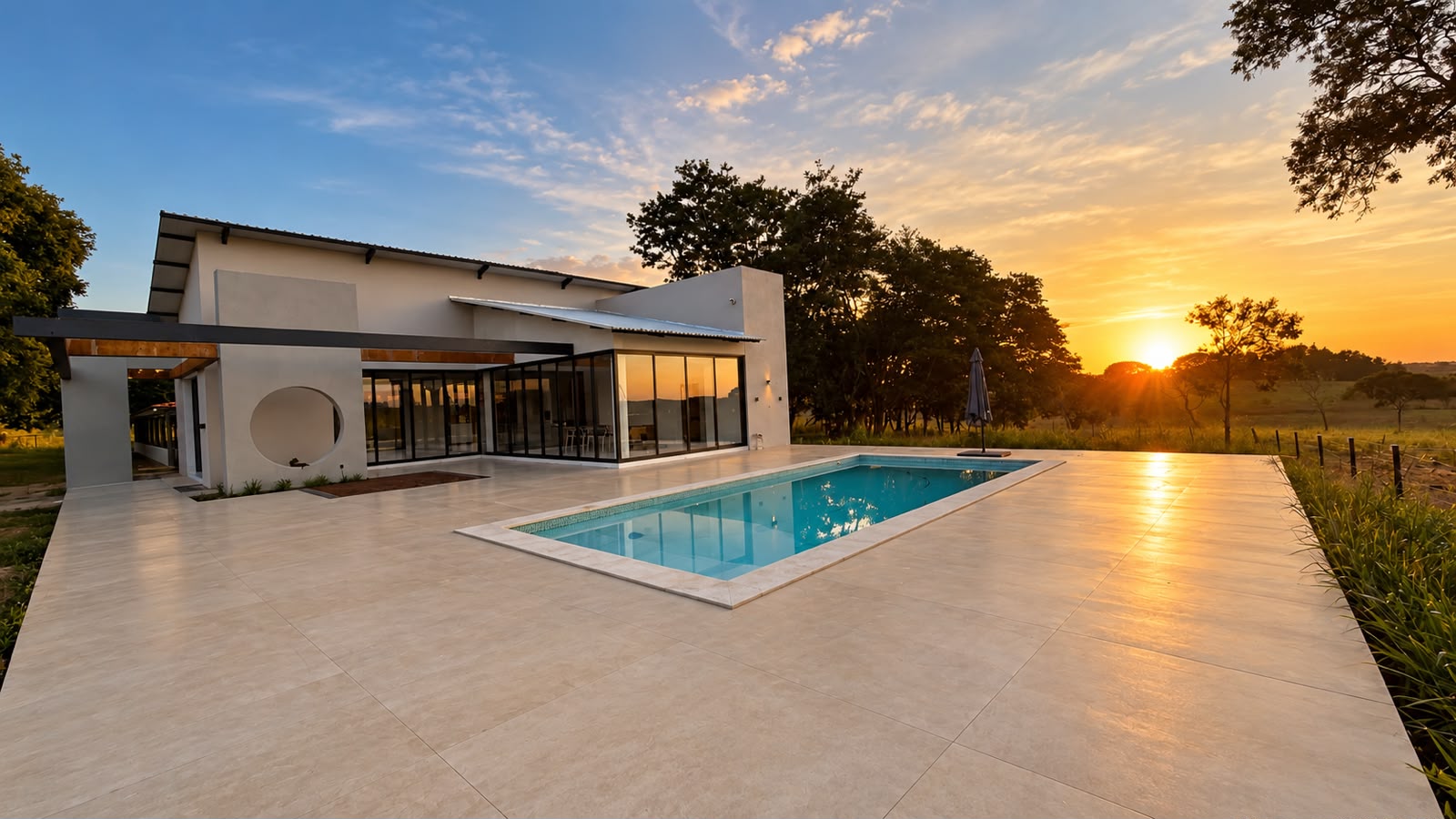 Estância Lucia Helena com piscina, natureza e amplo espaço ao pôr do sol