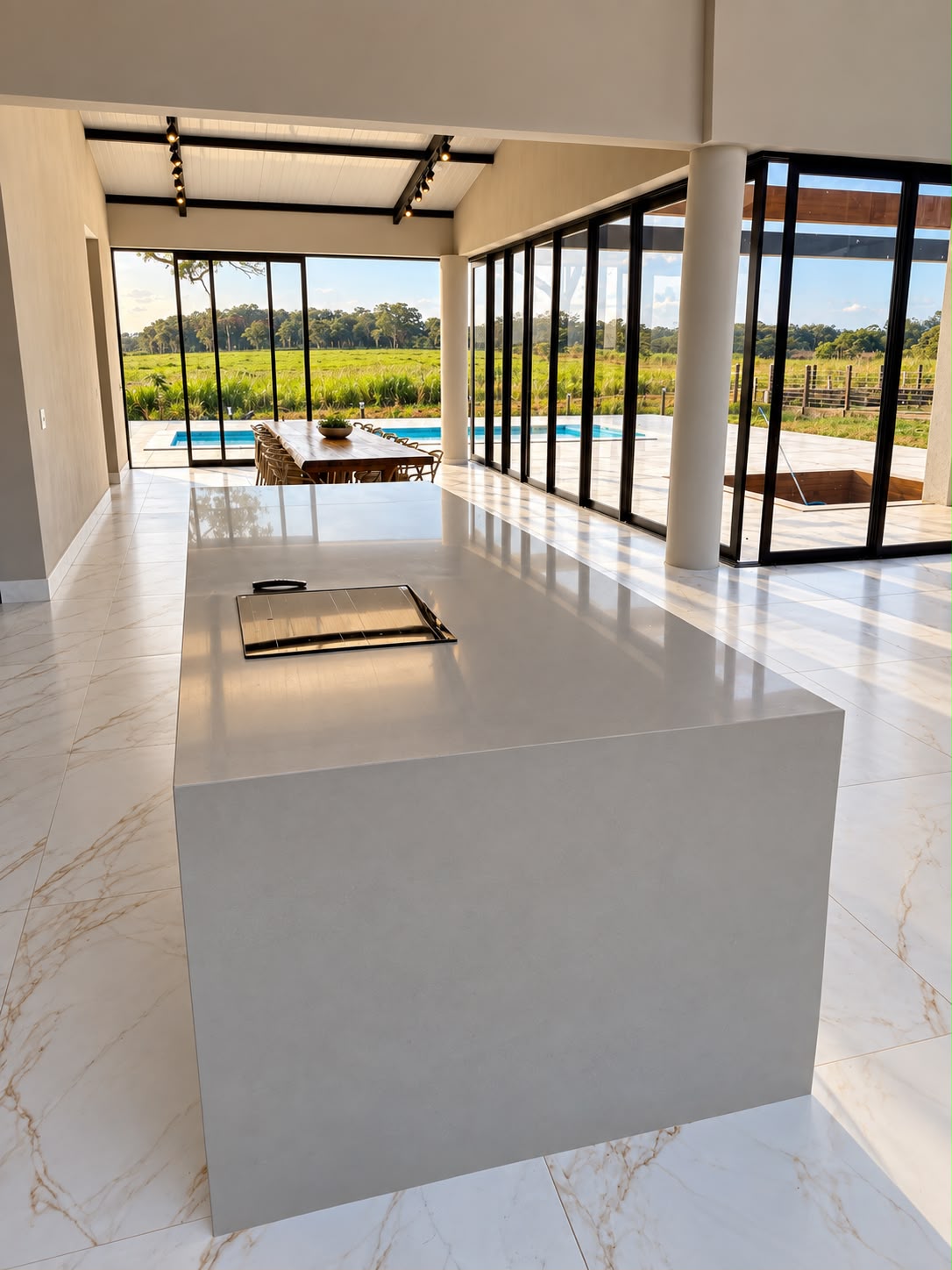 Ilha de cozinha em cinza com cooktop de indução e vista para a área de lazer