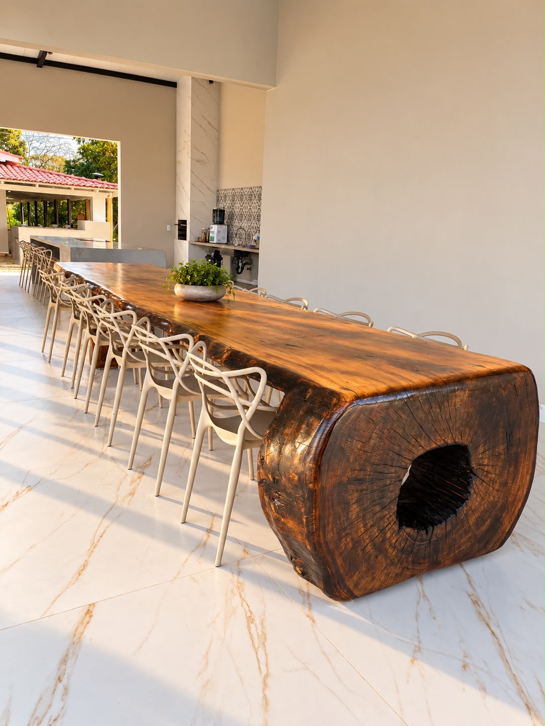 Mesa de jantar esculpida em tronco de madeira maciça